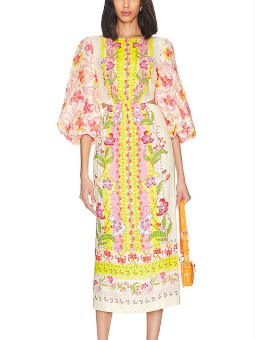 Saloni Neelam Printed Linen Cut-Out Midi Dress - US 6